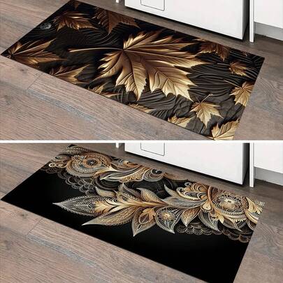 1pc Golden Flower Kitchen Floor Mat, Made Of Polyester, Absorbent And Anti-Slip, Suitable For Kitchen, Living Room, Entrance, Balcony, Home Decor, Cafe, Bar, Holidays, Parties, Bedroom, Bathroom, Room Decor