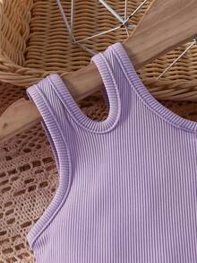 Solid Color Crop Top With Printed Wide Leg Pants Casual Beach Holiday Outfit For Girls, Suitable For Outdoor Use - Purple - View 4