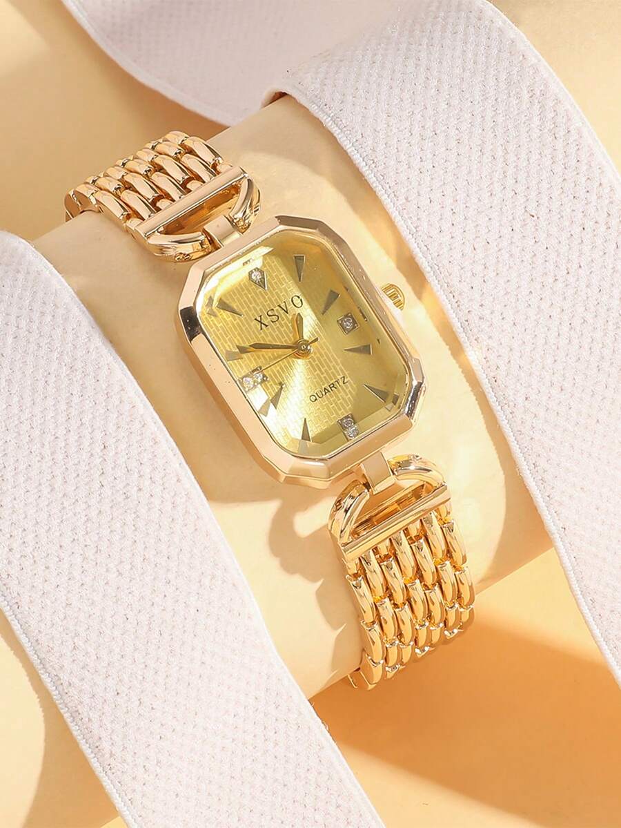 1pc Simple Elegant Rhinestone Accented Square Dial Steel Strap Quartz Watch For Teens, Suitable For Birthday, Graduation Gifts - Gold - View 1