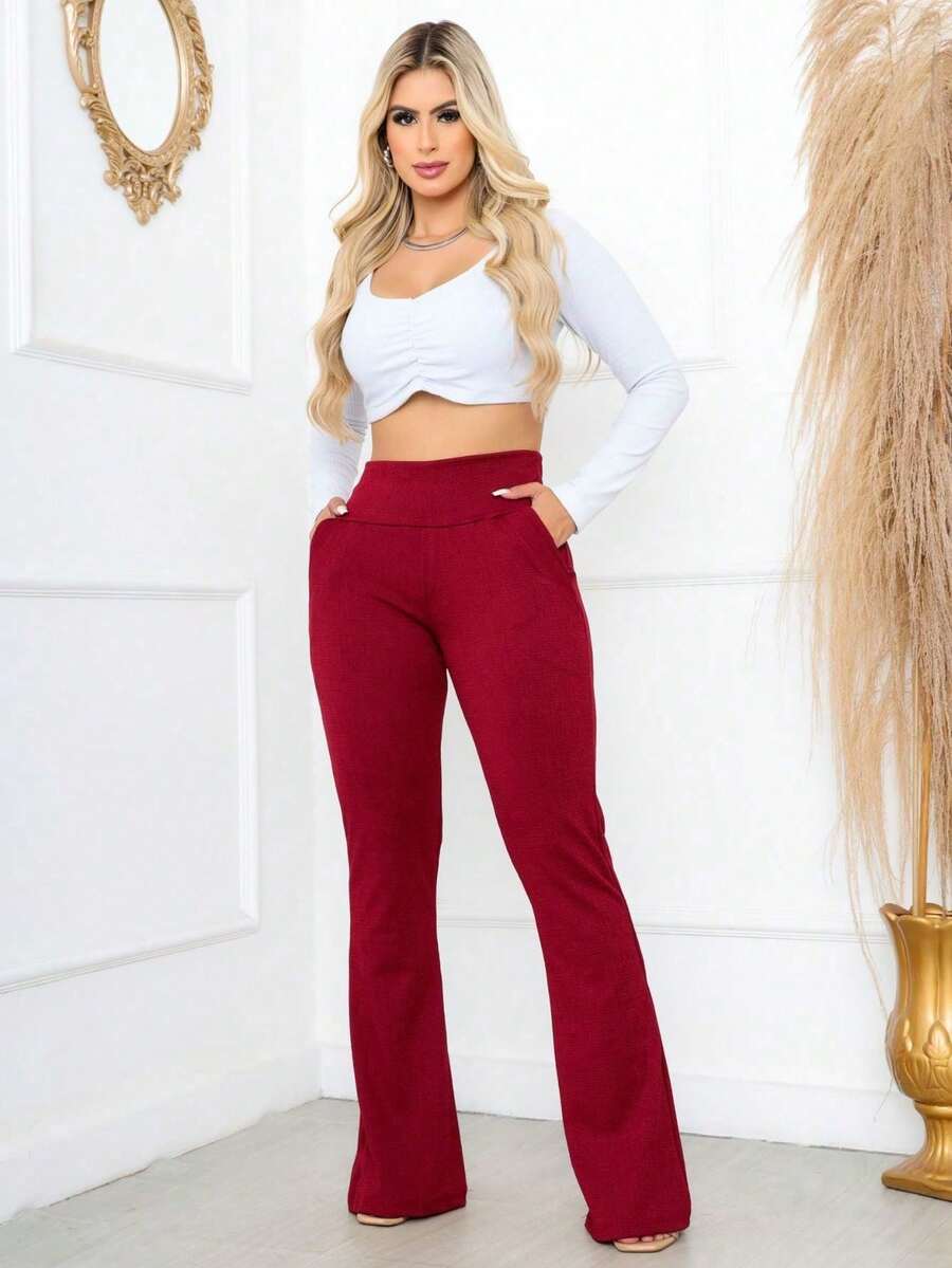 Autumn/Winter Front Pocket Jackard Flare Pants - 酒紅色 - 查看 1