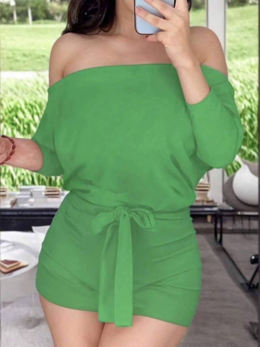 Short Off-The-Shoulder Jumpsuit With Belt Detail - Hijau - View 1