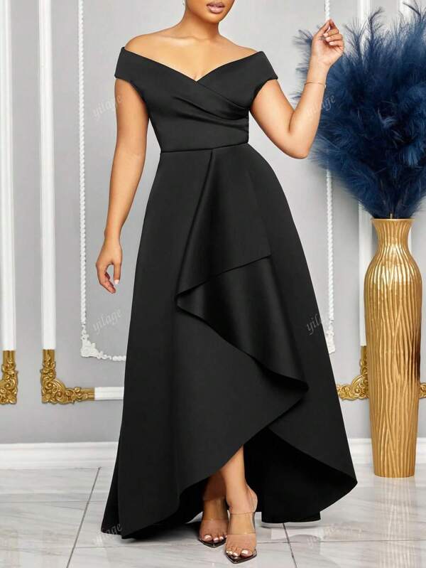 Elegantes Mode-Outfit im europäischen und US-amerikanischen Stil für Frauen, geeignet für Konzerte im ländlichen Stil, Cluboutfits, sexy schlankes Kleid, hochwertige avantgardistische einfarbige Schulterfreies Kleid mit tiefem V-Ausschnitt, Taille und Partykleid, Cocktailkleid, Hochzeitsgast-Kleid für Damen