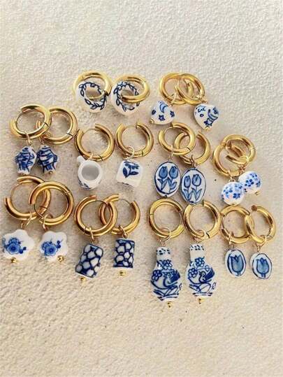 1 Pair Elegant Multi-Color Chinese Ceramic Flower Fashion Luxury Women's Earrings Stylish Accessory For Ladies