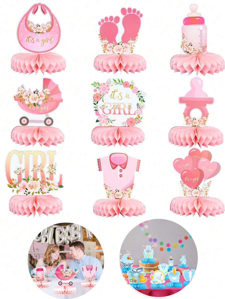 9 Piezas - Decoraciones para baby shower de color rosa, centros de mesa ...