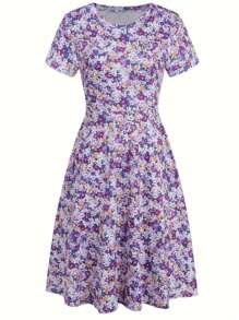 Elegant Casual Vacation Bohemian All Over Tiny Ditsy Floral Knit Fabric Pockets Dress, Suitable For Elegant Casual Office And Daily Wear, Spring/Summer