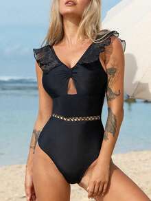 Women's Solid Color Hollow V-Neck Ruffle Trim One-Piece Swimsuit - Black - View 3