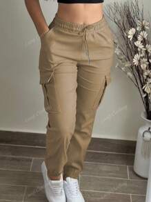 Plus Size Women Fashion Solid Color Casual Drawstring Waist Cargo Pants With Pockets