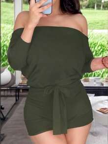 Short Off-The-Shoulder Jumpsuit With Belt Detail - Hijau Tentara - View 3