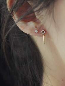 2pcs S925 Sterling Silver 14K Gold Plated Cubic Zirconia Elegant Earrings, Minimalist Fashionable Versatile Earrings - Prismatic Earrings - View 3