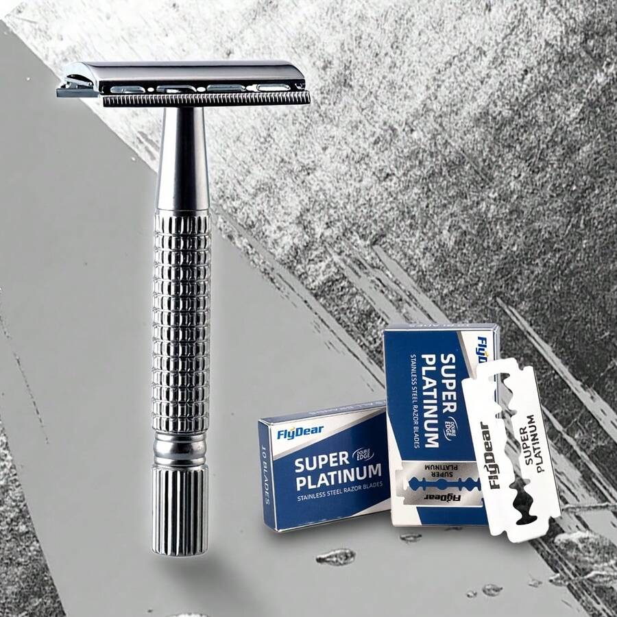 经典双刃剃须刀，男女适用，不锈钢刀片+防滑长柄。顺滑可重复使用，男女通用手动剃须刀，理发店专用剃须刀，金属剃须刀