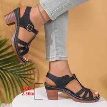 Fashionable Women's Summer High Heels - Solid Color Single Strap Sandals, Casual Non Slip Thick Sole, Lightweight, Suitable For Gatherings, Walks And Vacations - 黑色 - 查看 4