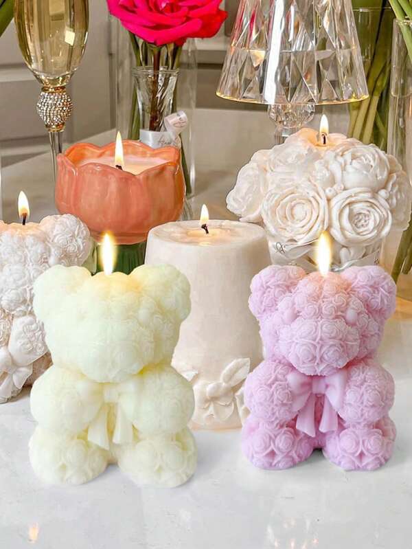 Set de 4 velas en forma de oso de peluche con mariposas y rosas (2,36 pulgadas de altura), velas perfumadas, decoración para el hogar, tema animal creativo, hechas de cera de soja, con decoración de lazo, minifigura, regalo, decoración de cumpleaños, Día de la Madre, Día del Padre, Acción de Gracias, vela con estética artística, regalo de graduación, pieza decorativa, decoración de habitación, boda, decoración de cocina, cena a la luz de las velas, decoración floral, caja de regalo