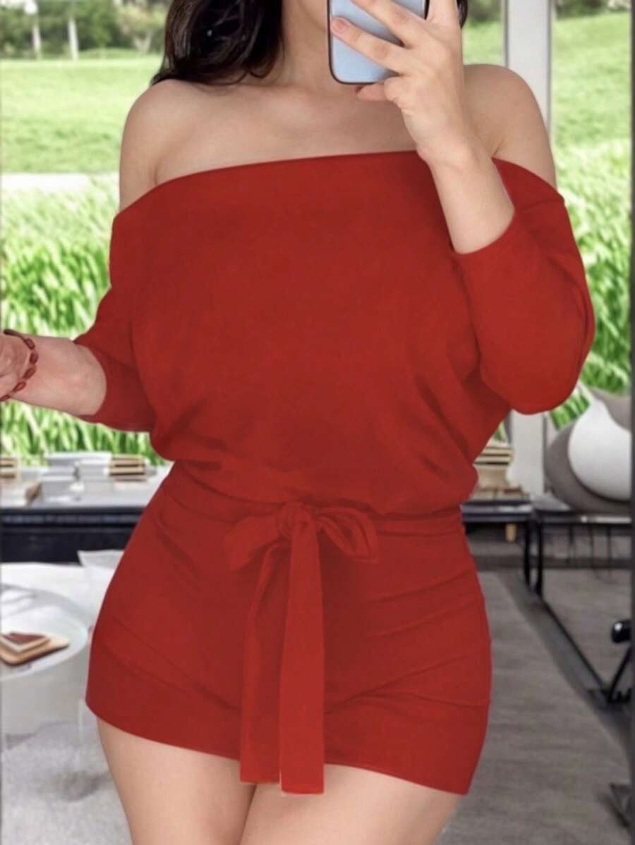 Short Off-The-Shoulder Jumpsuit With Belt Detail - Merah - View 1