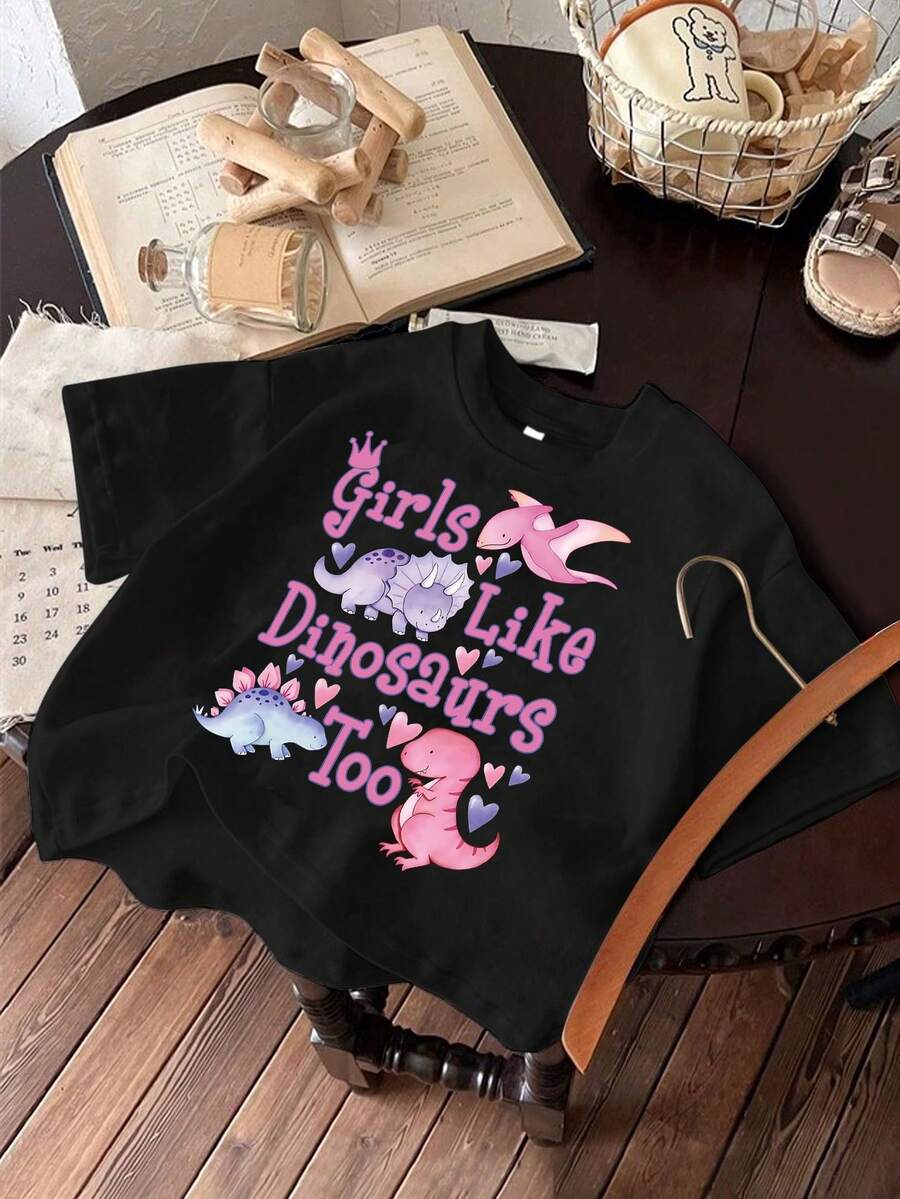 Simple Casual Cute Dinosaur Print Graphic Pullover Short Sleeve Tee, For Young Girls, Spring/Summer - Black - View 1