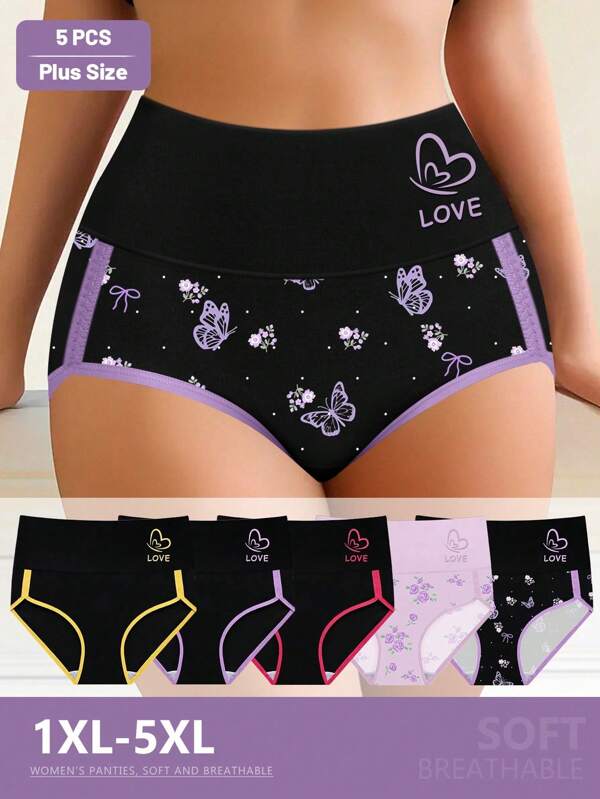 MEIYATING 5pcs Plus Size Ladies Panties High Waist Fashionable Contrast Color Briefs