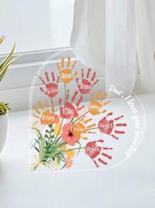 Personalized Acrylic Heart Shaped Desk Sign Customizable With Handprints And Names Perfect For Father's Day Decorations Featuring Colorful Floral Elements And Family Handprints Ideal Gift For Dad Papa Grandpa Unique Desktop Keepsake For Office Or Home Touching Family Souvenir For Holidays Birthdays And Special Occasions