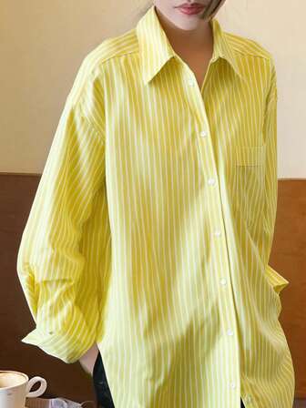 KEEDA Women's Casual Fashion Minimalist Dropped Shoulder Long Sleeve Single-Breasted Striped Loose Blouse, Spring/Summer