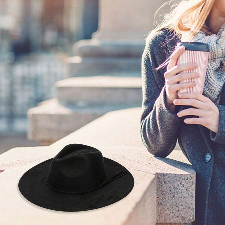 Men's Retro Fashion Wide-Brimmed Hat - Wide-Brimmed Fedora, Suede Western Hat Strap, Solid Color Retro Panama Hat - 黑色 - 查看 1
