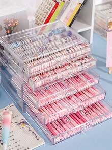 1pc Large Capacity Desk Organizer - Transparent Plastic Drawer-Style Pen Holder, Suitable For Pens, Pencils And Markers - Creative Student Pencil Stand - Stationery Tape Storage Box - Multifunctional And Neat Office Accessory