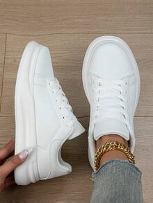 Women's New Minimalist Style Pure White Front Tie Low-Top Flat Walking Shoes, Round Toe, Street-Style, Suitable For Spring/Summer/Autumn, PU Splicing - White - View 2