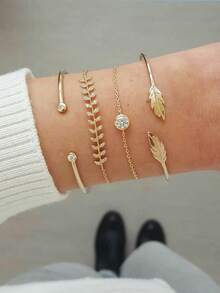 4PCS Fashionable Leaf Bracelet Set Simple And Delicate Bracelet For Women's Gift - Yellow Gold - View 1