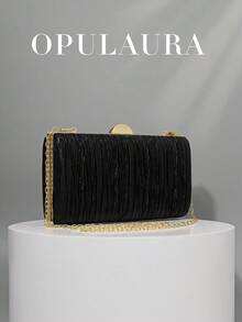 OpulAura 1 件秋冬复古奢华手拿包，金色皮革褶皱设计时尚派对手拿包，高端正式盒式钱包，适合派对/婚礼/正式场合晚宴，带链条 - 黑色 - 查看 2