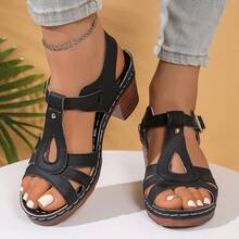 Fashionable Women's Summer High Heels - Solid Color Single Strap Sandals, Casual Non Slip Thick Sole, Lightweight, Suitable For Gatherings, Walks And Vacations - 黑色 - 查看 3