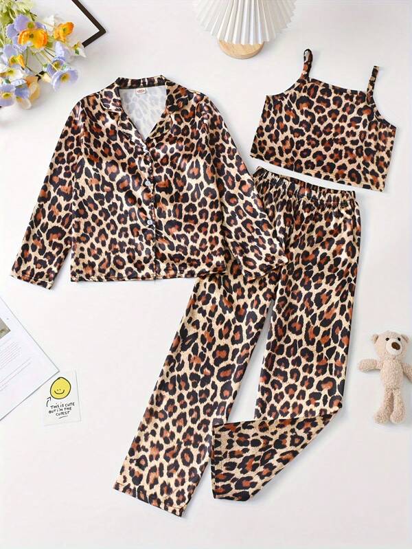 3pcs/Set Girls Leopard Print Spaghetti Strap Top And Lounge Pants Pajama Set, Soft Satin-Like Fabric