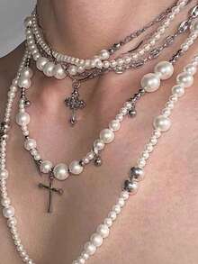 1pc Minimalist Cross Pendant Necklace, Asymmetrical Beaded Multilayer, Elegant & Luxury Clavicle Chain For Women - Multicolor - View 6