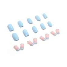 Juego de 24 uñas postizas personalizadas, de longitud media, de color azul con diamante de imitacións, de estilo elegante y fresco, adecuadas para uso diario para mujeres, con patrón de mármol y brillo de diamante de imitacións, superficie brillante