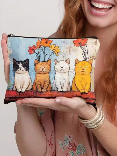 1 Pc Funny Cats Pattern Cosmetic Bag, Funny Cat Toiletry Bag, Portable Travel Storage Bag Women Bags, Summer Bag, Ramadan Bags, Makeup Bags, Purse, School Bags Graduation
