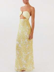 Y2k Floral Cut Out Strapless Maxi Dress For Women 2025 Summer Backless Bodycon Satin Tube Dress Off Shoulder Formal Cocktail Beach Long Sundress - Màu vàng - Xem 2