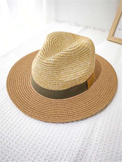 New Unisex Spring/Summer Panama Hat, Straw Woven Brimmed Sun Hat With Contrast Decor, Fashion Versatile Cowboy Hat, Suitable For Outdoor Travel, Beach, Vacation, Bohemian Matching, Daily Wear