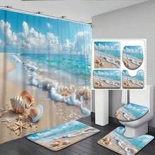 1pc/4pcs Printed Beach Series Beach Scenery Beach Shell Pattern Shower Curtain Bathroom Set, Must-Have For Home, Dorm Decor Home Bathroom Decor Fall Decor Back To School - Multicolor - View 2