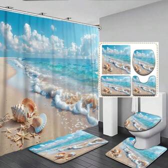 1pc/4pcs Printed Beach Series Beach Scenery Beach Shell Pattern Shower Curtain Bathroom Set, Must-Have For Home, Dorm Decor Home Bathroom Decor Fall Decor Back To School