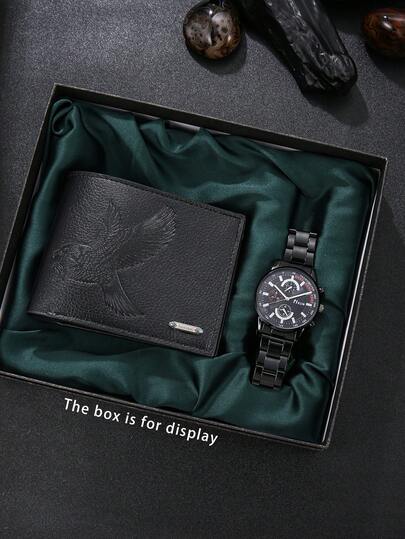 2 件套：男士休闲钱包 + 时尚石英腕表，生日/周年纪念礼物