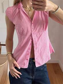 Women Plaid Shirt, Short Sleeve Button Closure Summer Tops Streetwear For Casual Daily - Pink - View 5