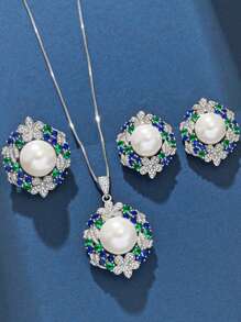 4 pièces Ensemble de bijoux en argent 925 avec perles et cubic zirconia, élégant et luxueux, comprenant un collier, une bague et des boucles d'oreilles. Convient pour le mariage (mariée/demoiselles d'honneur), l'anniversaire, les récompenses d'employés et le port quotidien