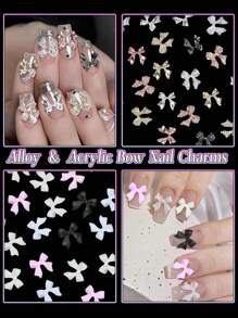 Bows Nail Charms, 140 Pcs Bow Nail Bow Charms, Black Golden Silver Pink Bows Tie Shapes Acrylic Nail Art Charms, Bowknot Faux Pearls Nail Gems Charms For Y2K Nail Decor