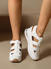 Women Platform Wedge Sport Sandals, Waterproof Closed Toe Gladiator Sandals, Fashion Hollow Chunky Sole Magic Tape Casual Shoes, Summer Elevator Comfort Sandals, Round Toe Soft Leisure Walking Shoes, Women Party Essential Comfy Wedge Sandals, Solid Color Thick Bottom Sandals For Ladies