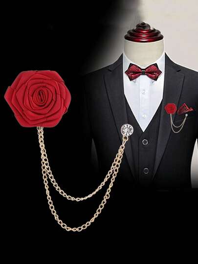 1件男女通用Emceant胸前西装配饰加密玫瑰胸针流苏链男士西装配饰 - 完美的礼物胸针，可作衣服、包包挂饰，圣诞节佳品