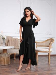 Solid Color Elegant Asymmetric/Asymmetrical Pleated Flounce/Ruffle Hem Dress - Black - View 8