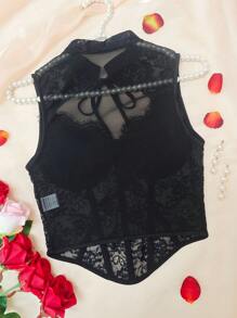 EZNV 1pc Lace Patchwork Fishbone Cute Corset Top, Waist Cincher Bustier