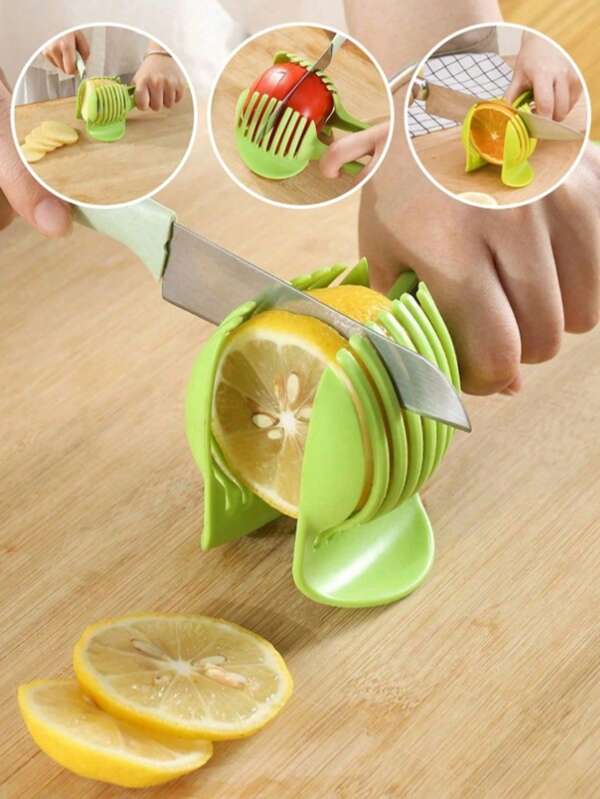 [Plan del Chef] 1 Pieza Rebanador manual multifuncional de cocina: Soporte para limón, tomate y huevo, cortador redondo de frutas y verduras, herramienta de cocina conveniente sin electricidad, accesorio de corte de plástico seguro, aprobado para contacto con alimentos, estilo aleatorio