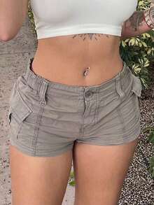 Women Cargo Shorts Elastic Low Waist Pocket Y2k Egirls Slim Fitted Shorts Vintage Harajuku Streetwear - Xám - Xem 1