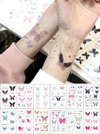 12张/6张彩色蝴蝶纹身贴女防水持久贴纸可爱纹身贴蝴蝶，适合派对聚会礼物