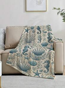 1pc Cozy & Warm Seashell & Starfish Flannel Blanket, Sports Style, Keeps Warm, Stain Resistant, Perfect Gift For Holiday, Birthday And Special Occasions