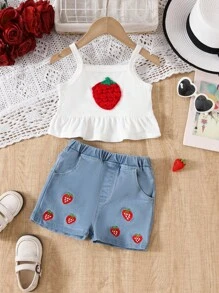 Conjunto informal de 2 piezas: Camiseta de tirantes con estampado de fresas y shorts vaqueros para niñas