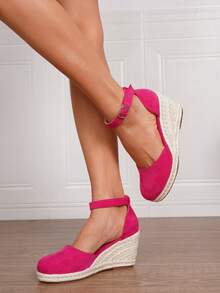 Women's Minimalist Ankle Strap Espadrilles, Vacation Faux Leather Metal Buckle Navy Suede Jute Rope Bottom, Blue Platform Wedge Heel Slip-On Loafers - Hot Pink - View 3
