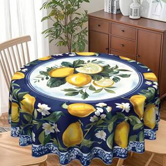 Ronde tafelkleed in mediterrane stijl, zomers citroenpatroon, 60/70 inch polyester tafelkleed, geschikt voor restaurant, picknick, bar en feesttafeldecoratie